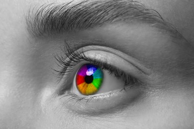 Woman's eye toned in rainbow colors, closeup