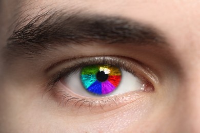 Image of Man's eye toned in rainbow colors, closeup