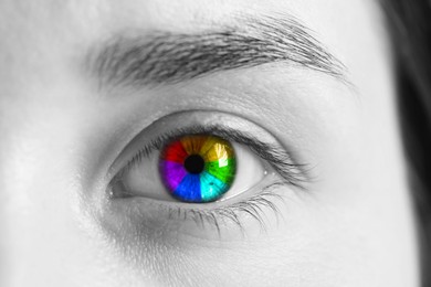 Image of Woman's eye toned in rainbow colors, closeup