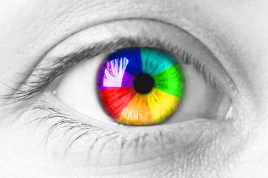 Image of Woman's eye toned in rainbow colors, closeup