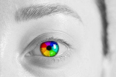 Woman's eye toned in rainbow colors, closeup