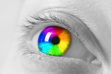 Woman's eye toned in rainbow colors, closeup