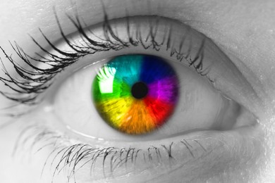 Image of Woman's eye toned in rainbow colors, closeup