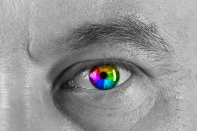 Image of Man's eye toned in rainbow colors, closeup