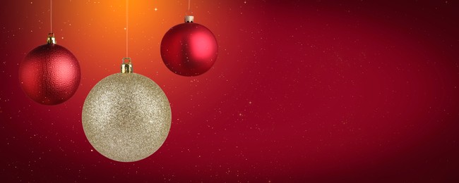 Image of Christmas balls against red background, space for text. Banner design