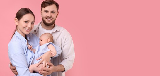 Image of Happy parents with their little baby on pink background, space for text. Banner design