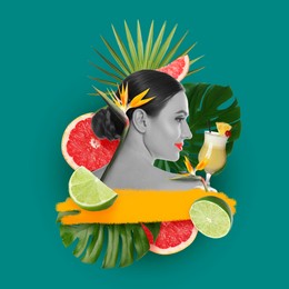 Art portrait of pretty woman with tropical leaves and cocktail on teal background. Summer vibe concept, creative collage