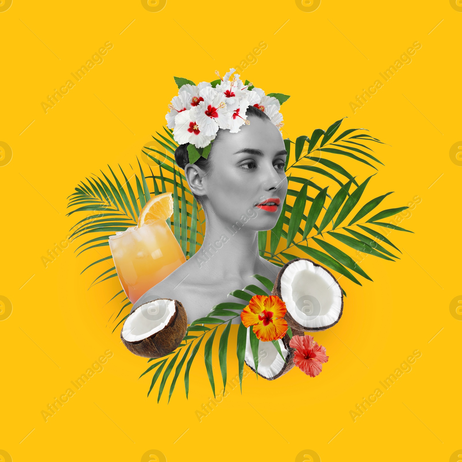 Image of Art portrait of pretty woman with tropical leaves and cocktail on golden background. Summer vibe concept, creative collage