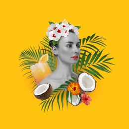 Image of Art portrait of pretty woman with tropical leaves and cocktail on golden background. Summer vibe concept, creative collage