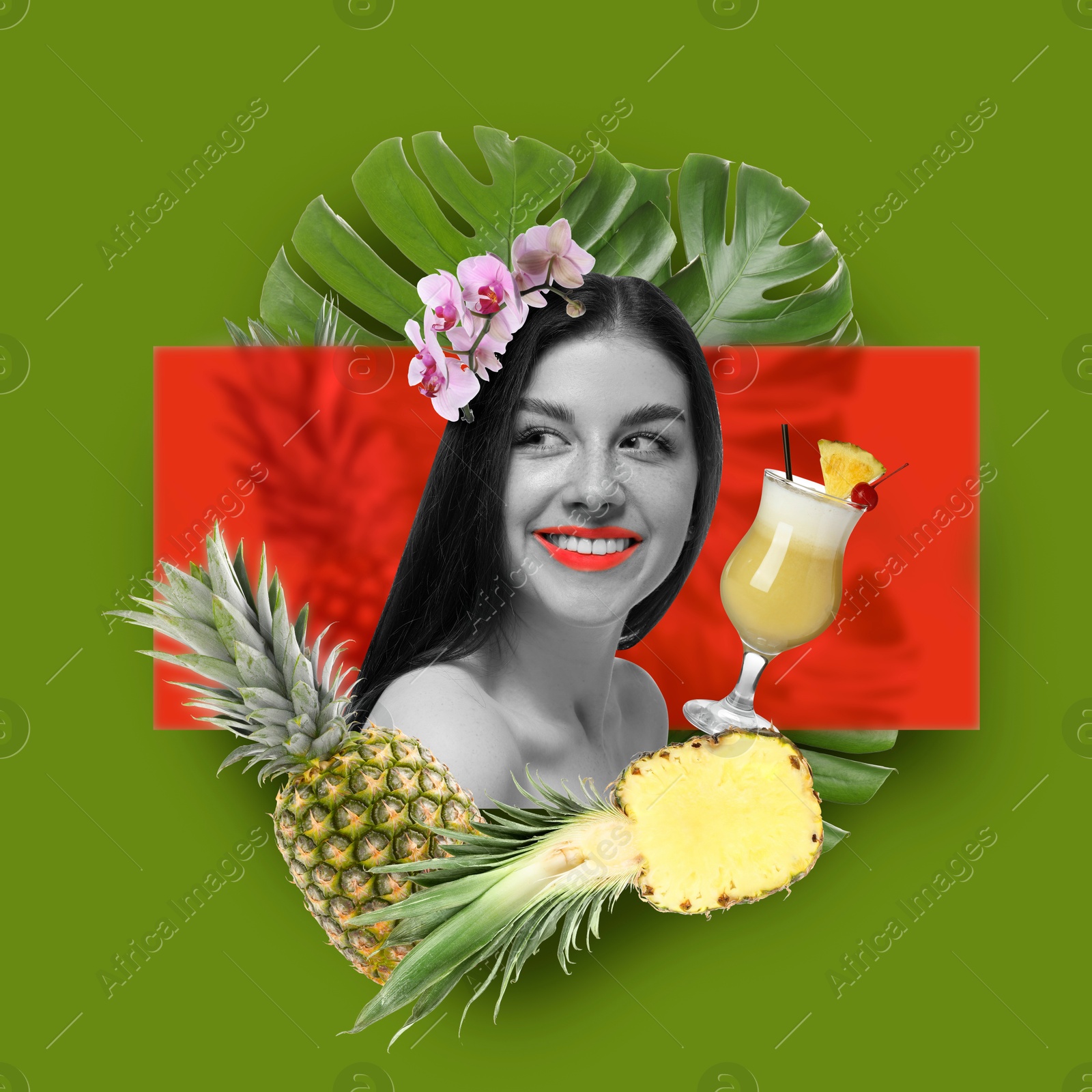 Image of Art portrait of pretty woman with tropical leaves and cocktail on green background. Summer vibe concept, creative collage