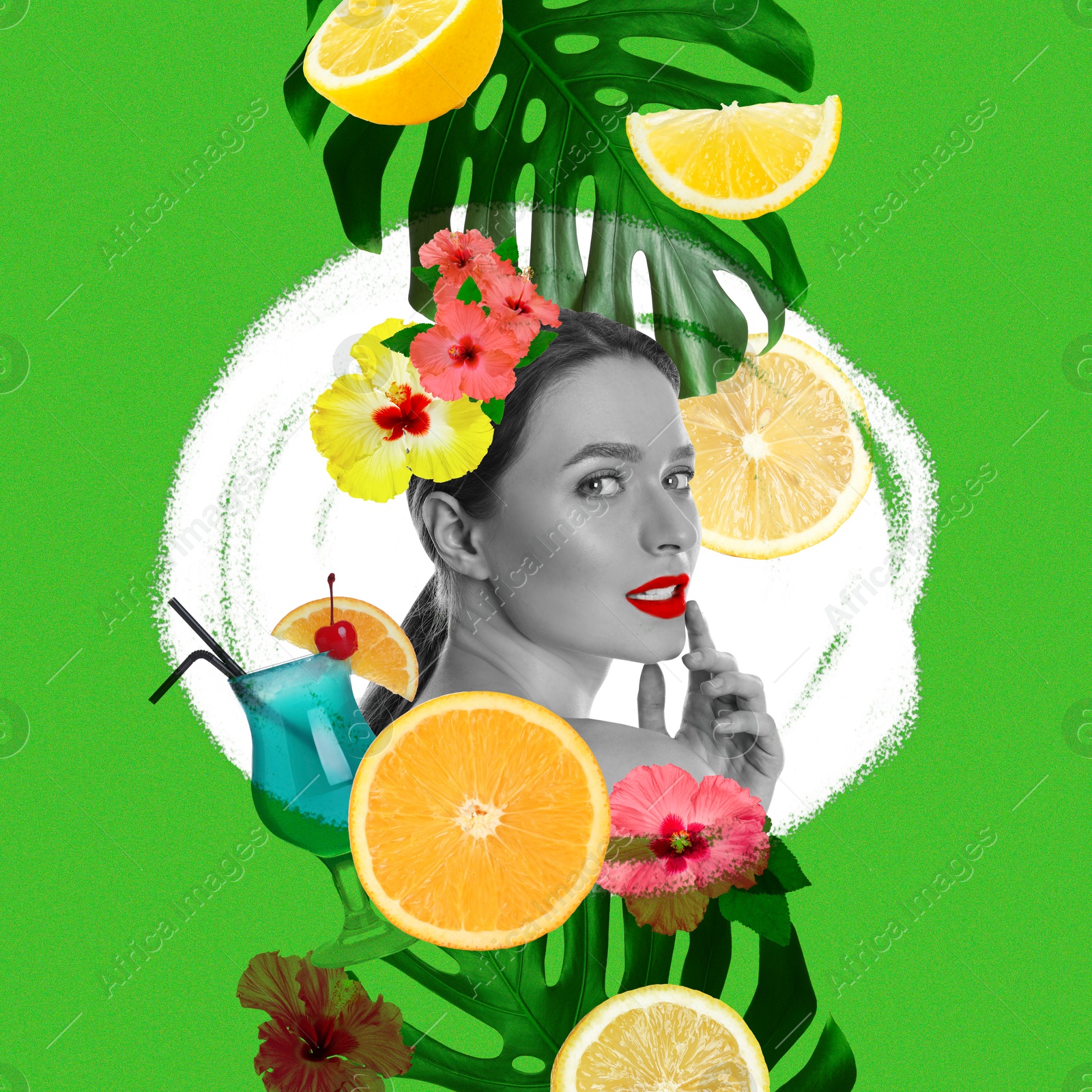 Image of Art portrait of pretty woman with tropical leaves and cocktail on green background. Summer vibe concept, creative collage