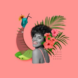 Art portrait of pretty woman with tropical leaves and cocktail on pink background. Summer vibe concept, creative collage