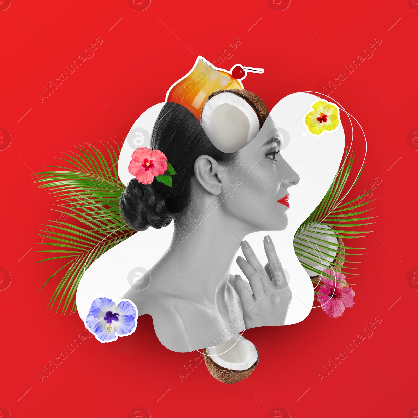 Image of Art portrait of pretty woman with tropical leaves and cocktail on red background. Summer vibe concept, creative collage