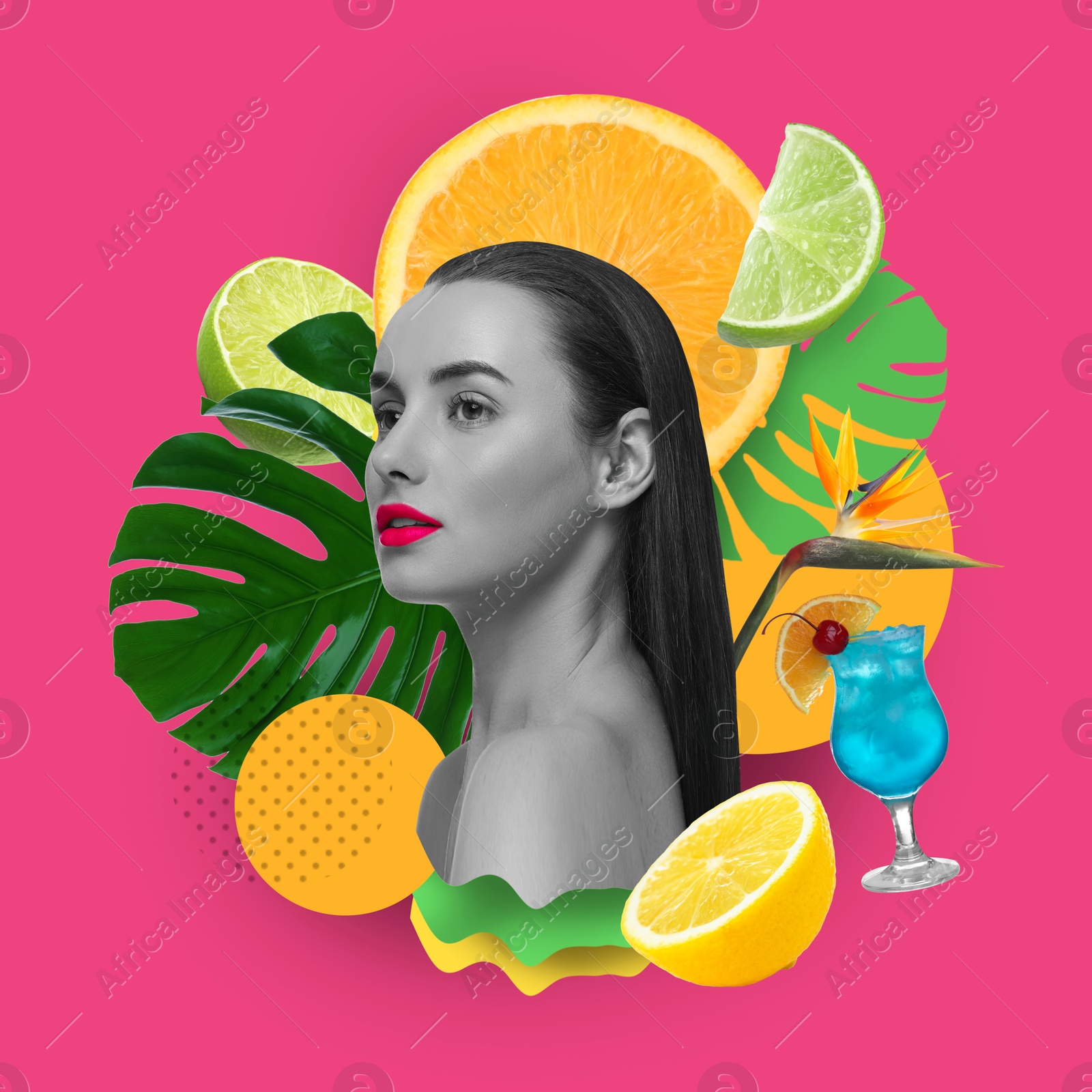 Image of Art portrait of pretty woman with tropical leaves and cocktail on color background. Summer vibe concept, creative collage