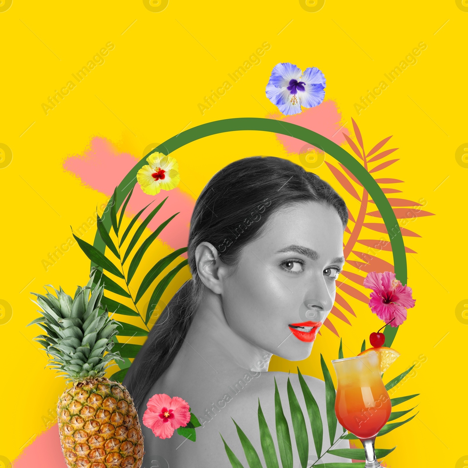 Image of Art portrait of pretty woman with tropical leaves and cocktail on golden background. Summer vibe concept, creative collage
