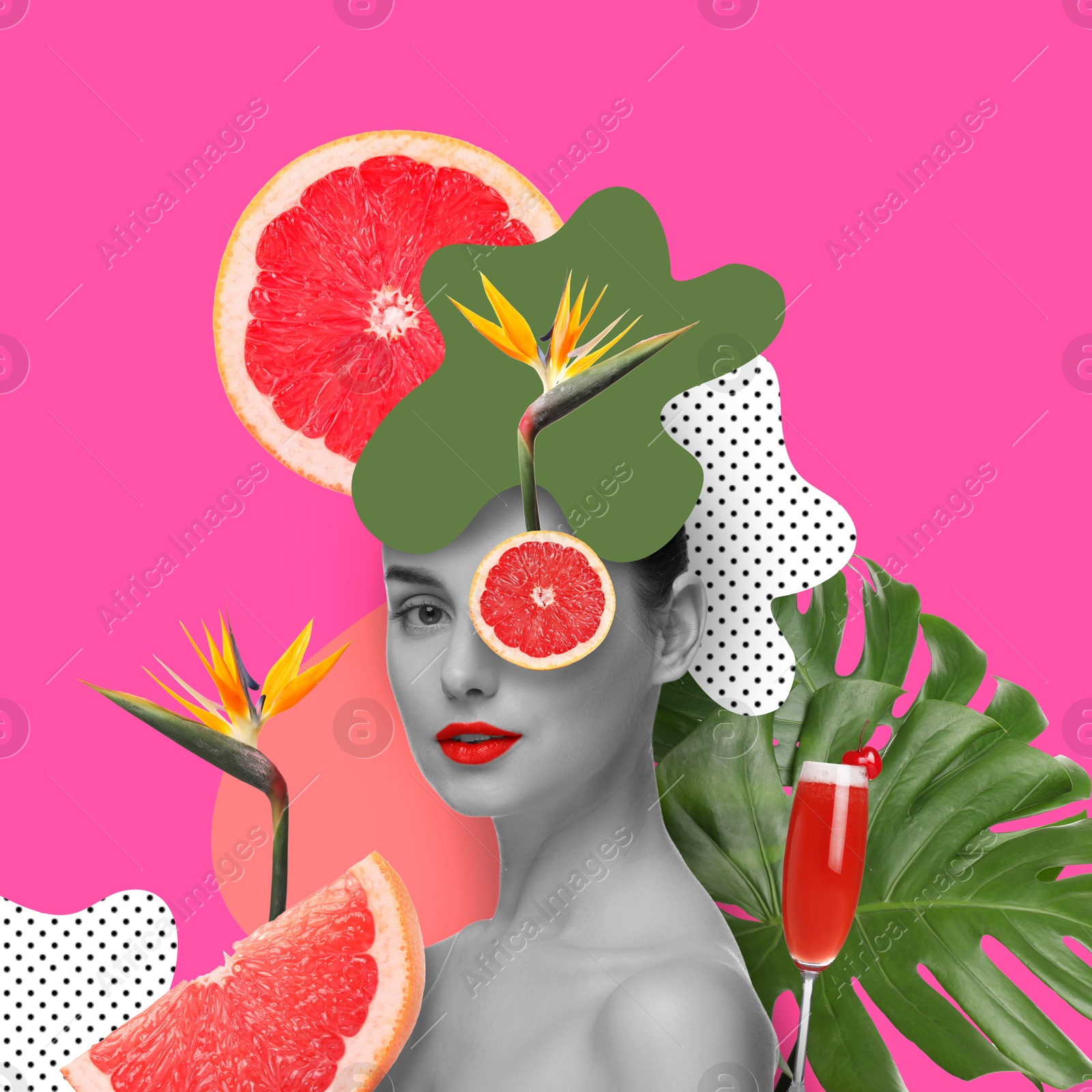 Image of Art portrait of pretty woman with tropical leaves and cocktail on magenta background. Summer vibe concept, creative collage