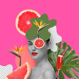 Image of Art portrait of pretty woman with tropical leaves and cocktail on magenta background. Summer vibe concept, creative collage