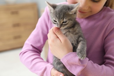 Photo of Little girl with cute fluffy kitten indoors, closeup