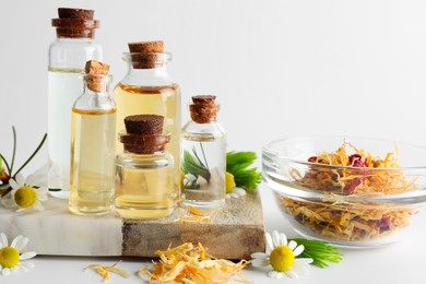 Photo of Aromatherapy. Different essential oils, dry flowers, chamomiles and fir twigs on white background