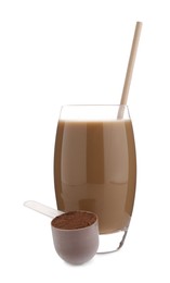 Delicious protein shake in glass and scoop with powder isolated on white