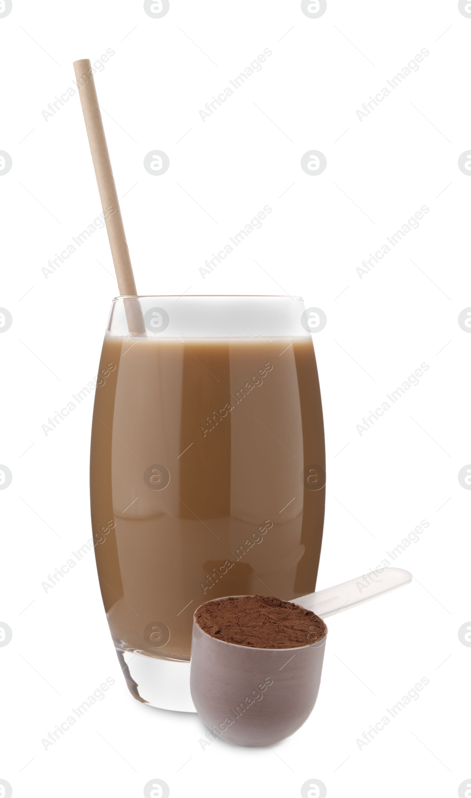 Photo of Delicious protein shake in glass and scoop with powder isolated on white