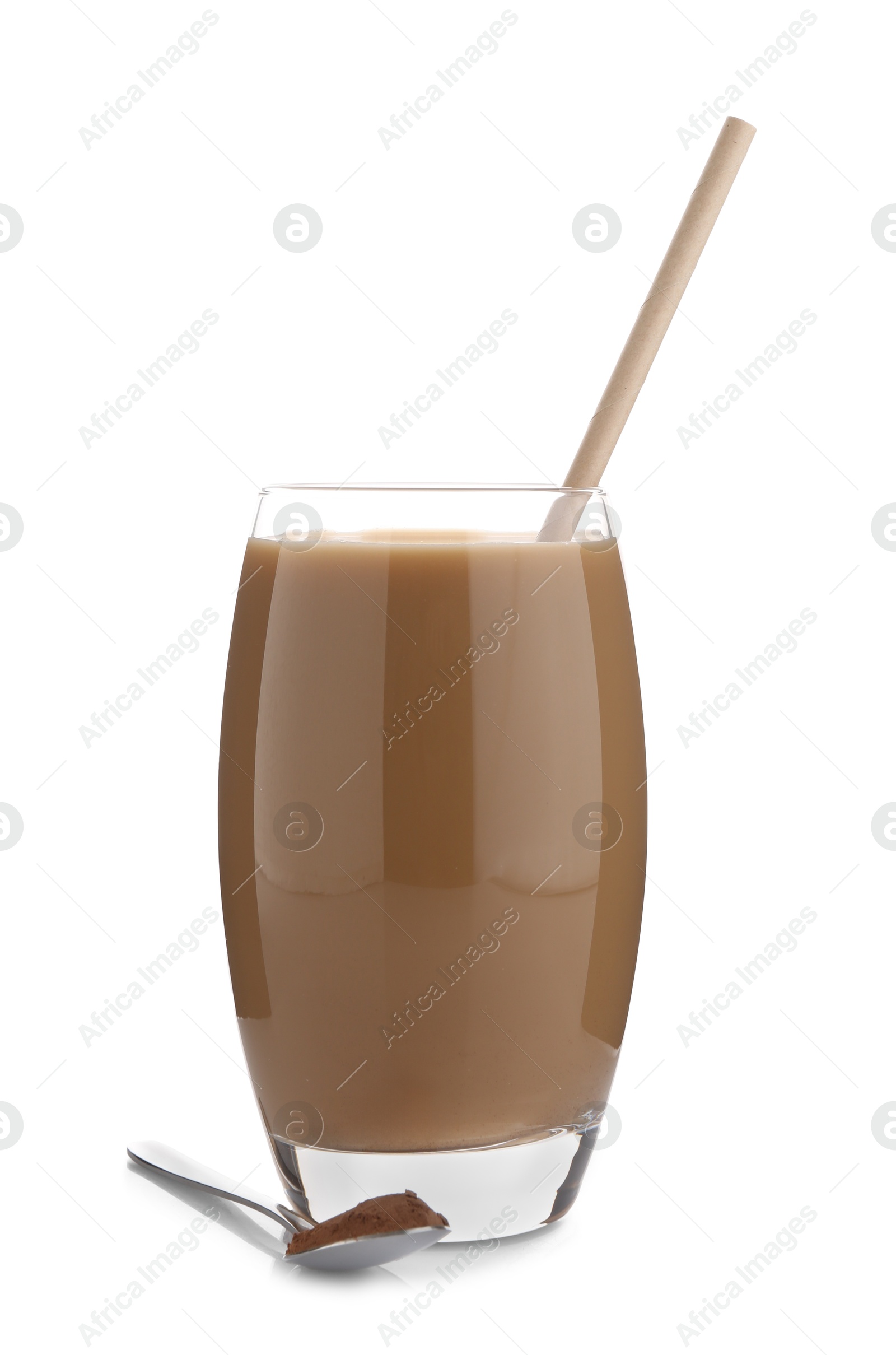 Photo of Delicious protein shake in glass and spoon with powder isolated on white