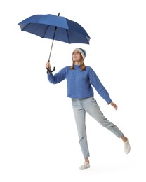 Woman with blue umbrella on white background