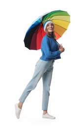 Photo of Woman with colorful umbrella on white background