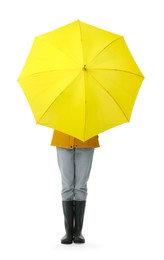 Photo of Woman with yellow umbrella on white background