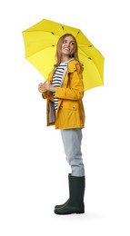 Photo of Woman with yellow umbrella on white background