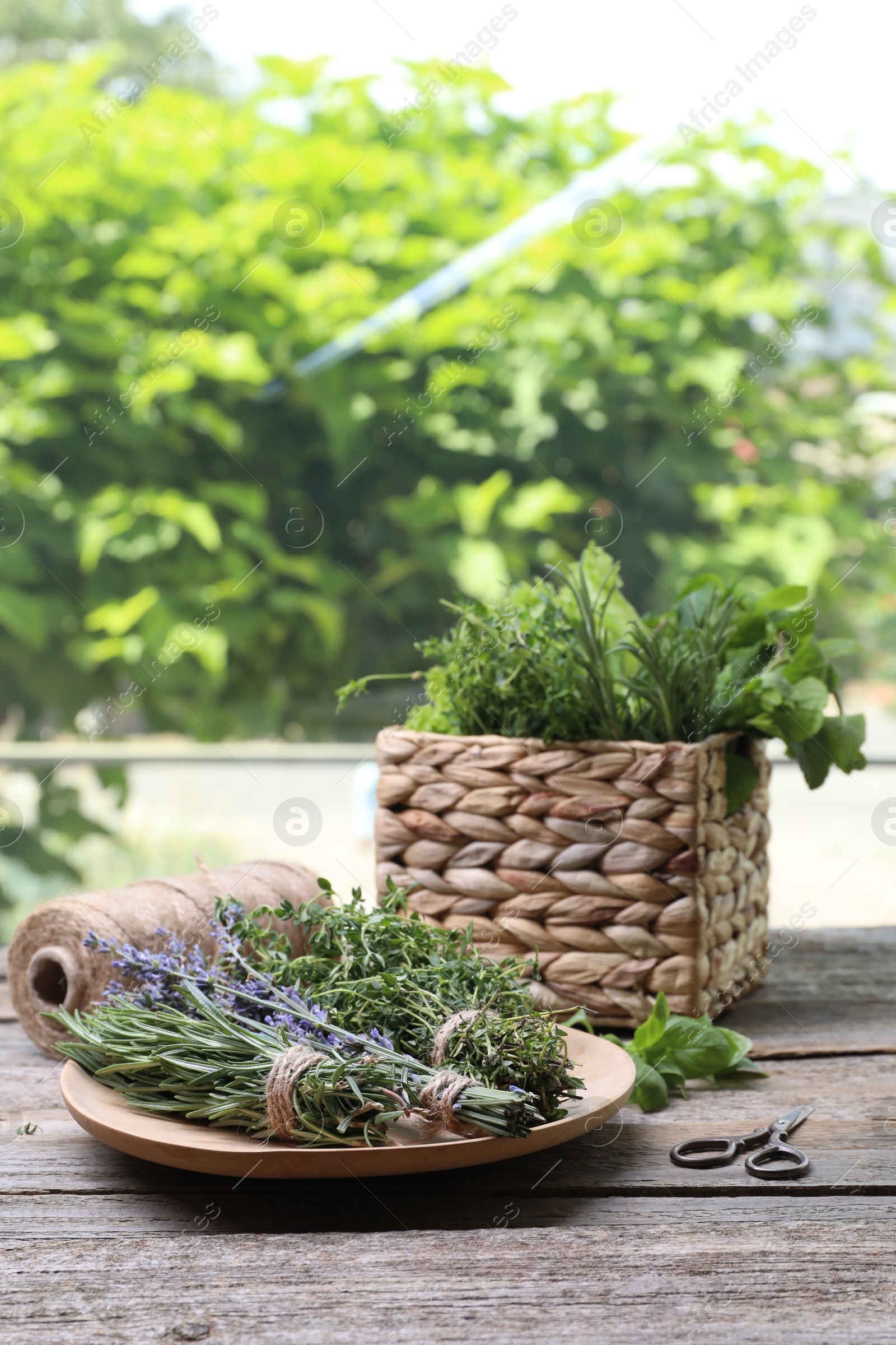 Photo of Different aromatic herbs and scissors on wooden table against blurred background