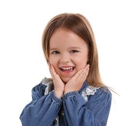 Photo of Portrait of happy little girl isolated on white