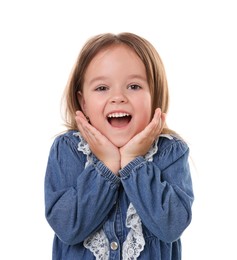 Photo of Portrait of happy little girl isolated on white