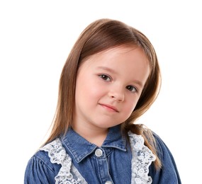 Photo of Portrait of cute little girl isolated on white