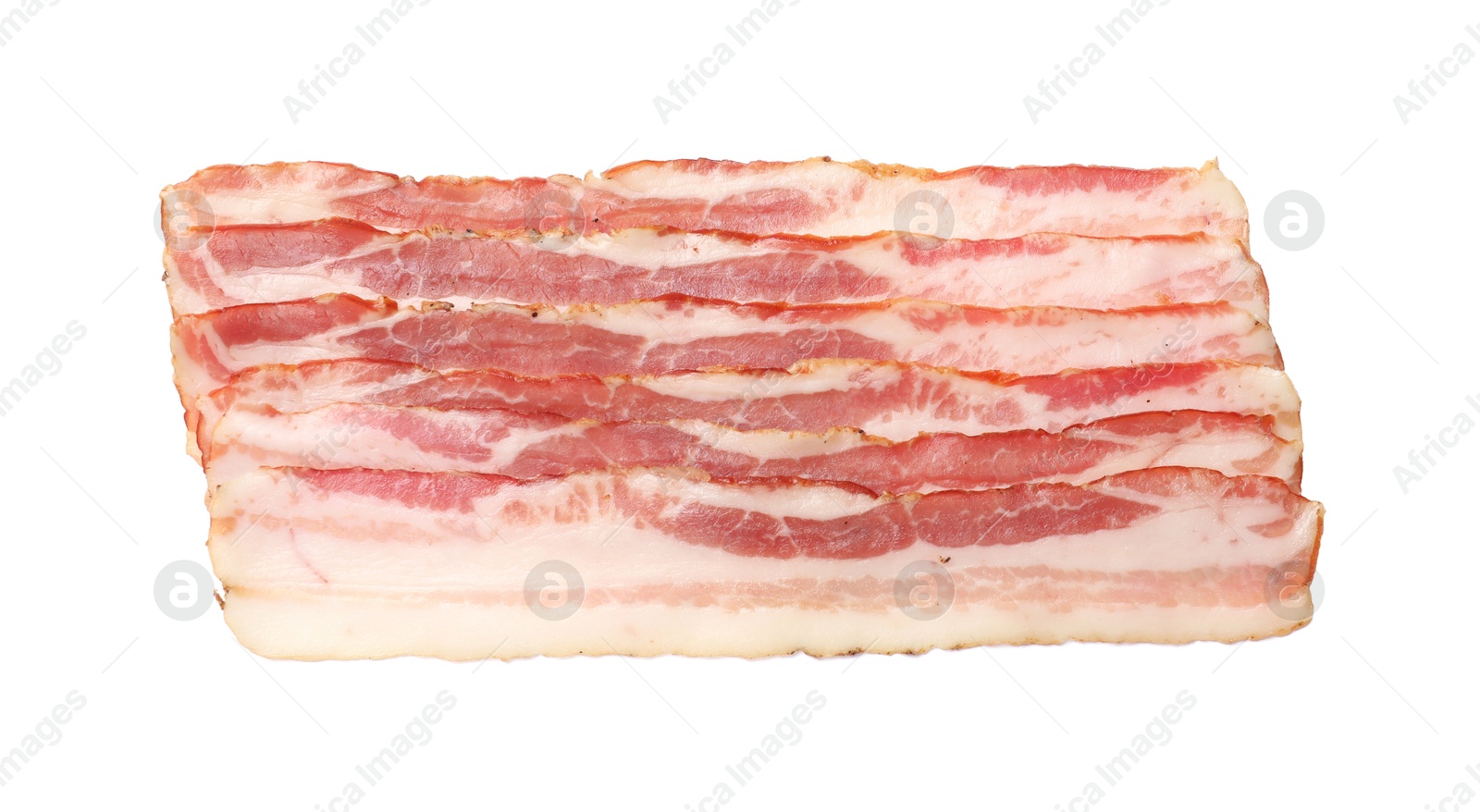 Photo of Slices of raw bacon isolated on white, top view