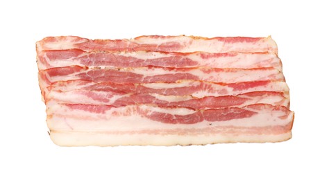 Photo of Slices of raw bacon isolated on white, top view