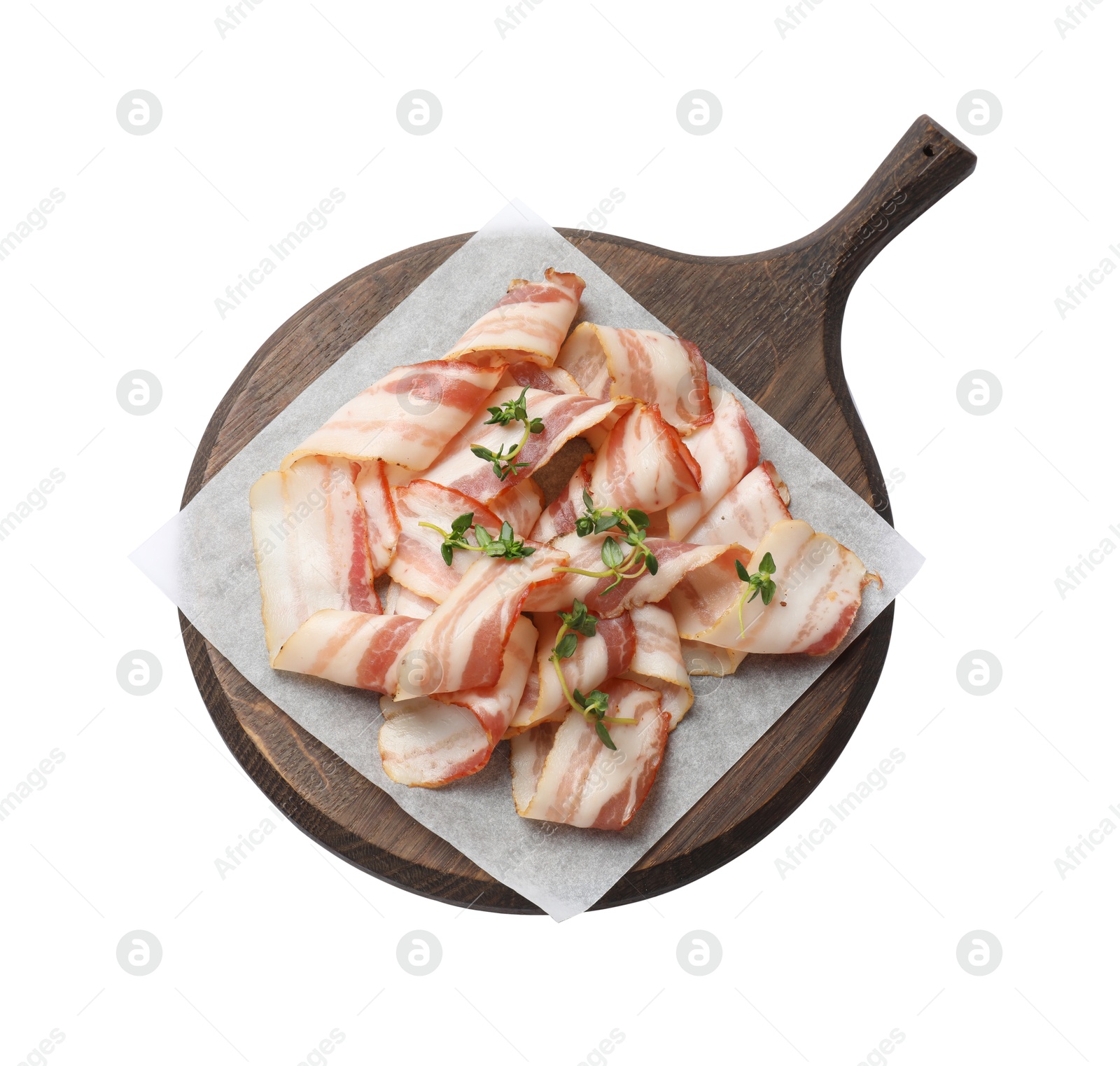 Photo of Slices of raw bacon and thyme isolated on white, top view