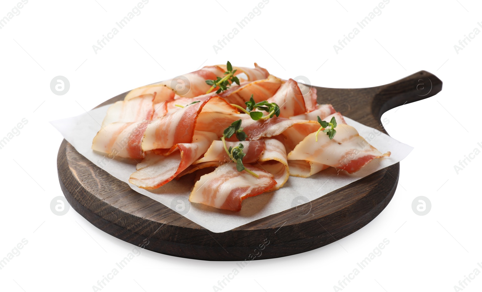 Photo of Slices of raw bacon and thyme isolated on white