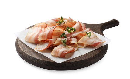 Slices of raw bacon and thyme isolated on white