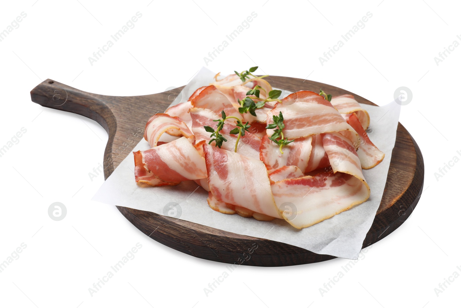 Photo of Slices of raw bacon and thyme isolated on white