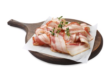 Photo of Slices of raw bacon and thyme isolated on white