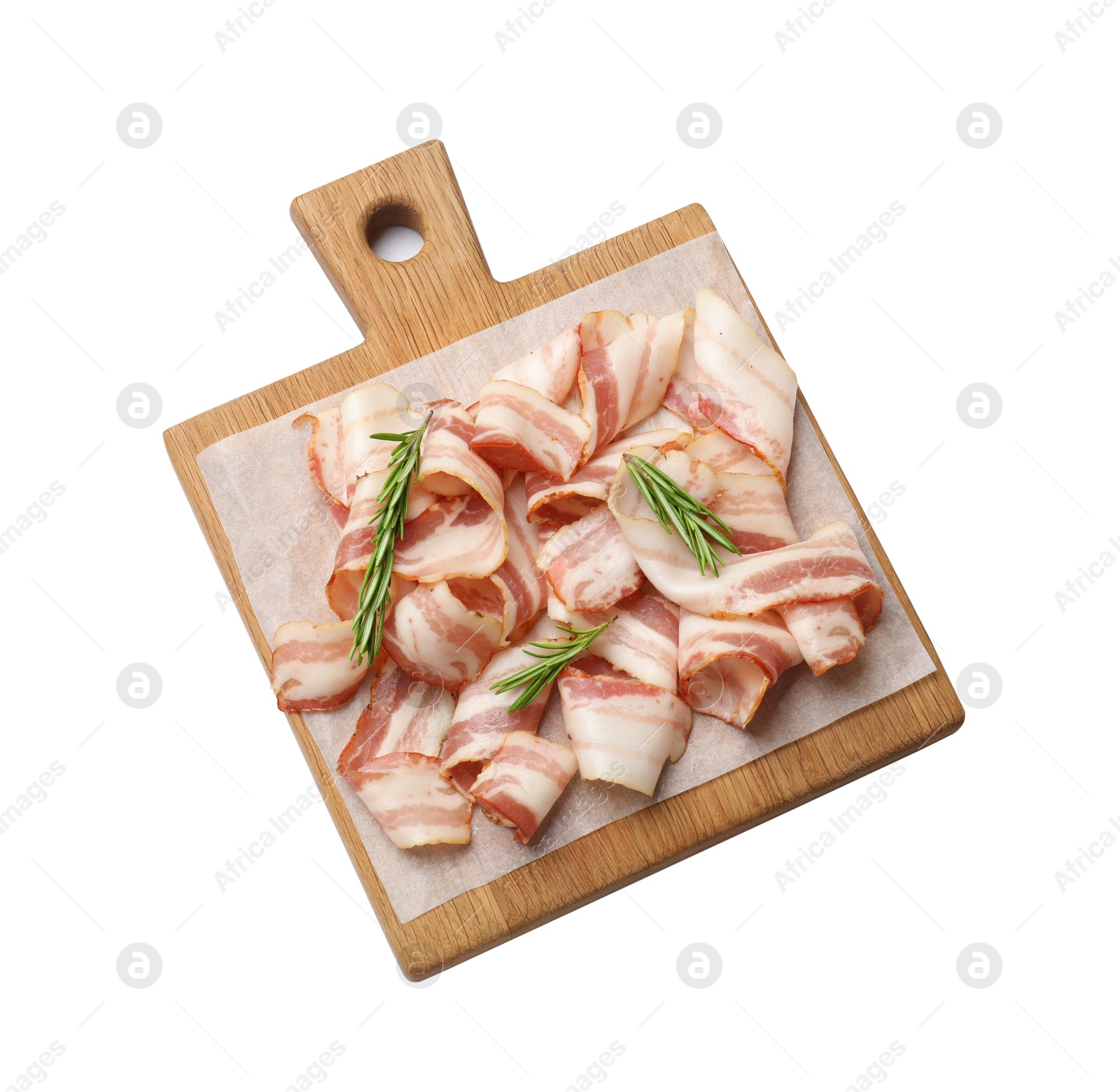 Photo of Slices of raw bacon and rosemary isolated on white, top view