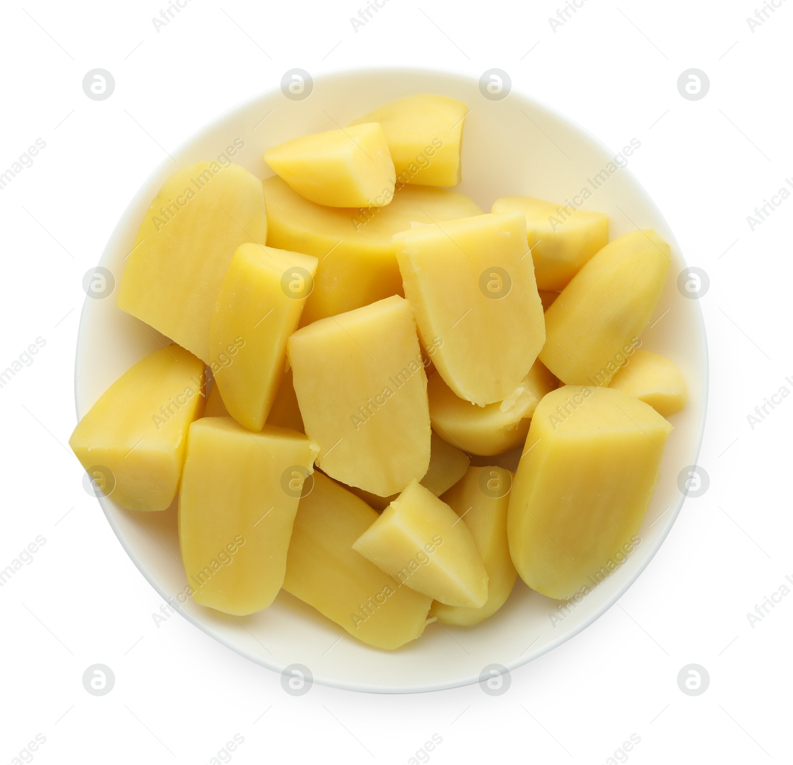 Photo of Boiled potatoes in bowl isolated on white, top view