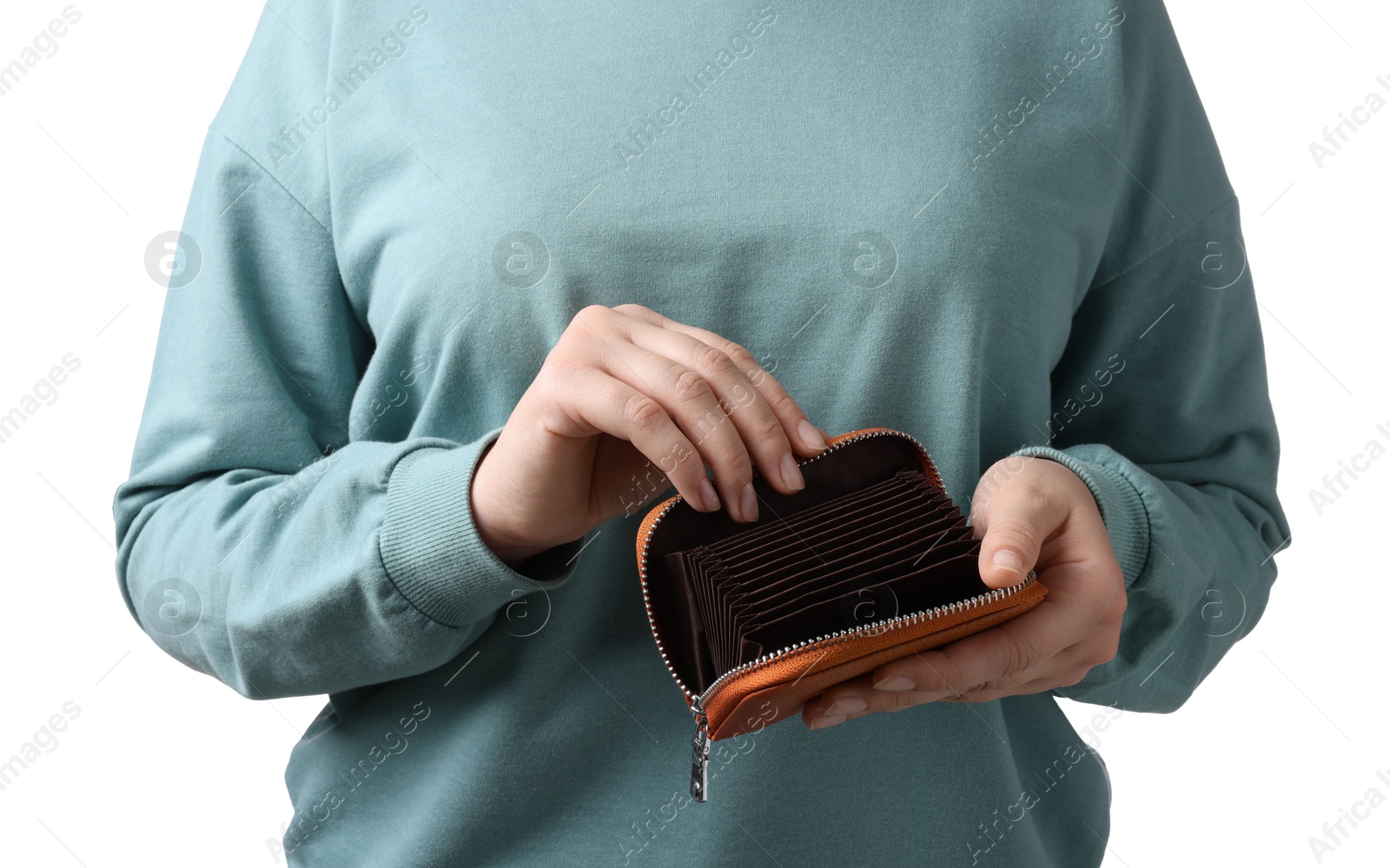 Photo of Woman with empty wallet on white background, closeup