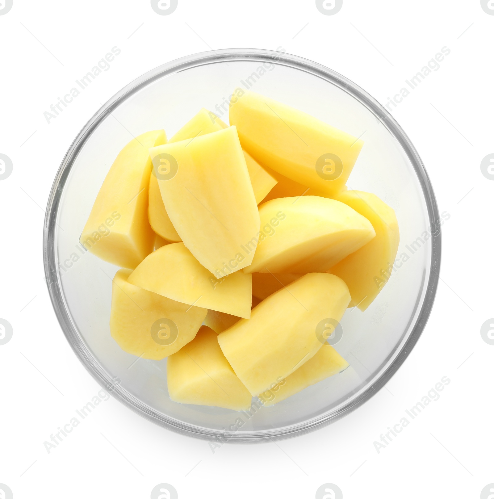 Photo of Raw potatoes in bowl isolated on white, top view