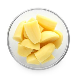 Raw potatoes in bowl isolated on white, top view