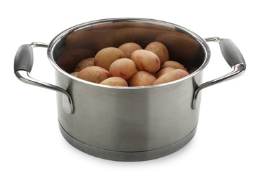 Raw potatoes in pot isolated on white