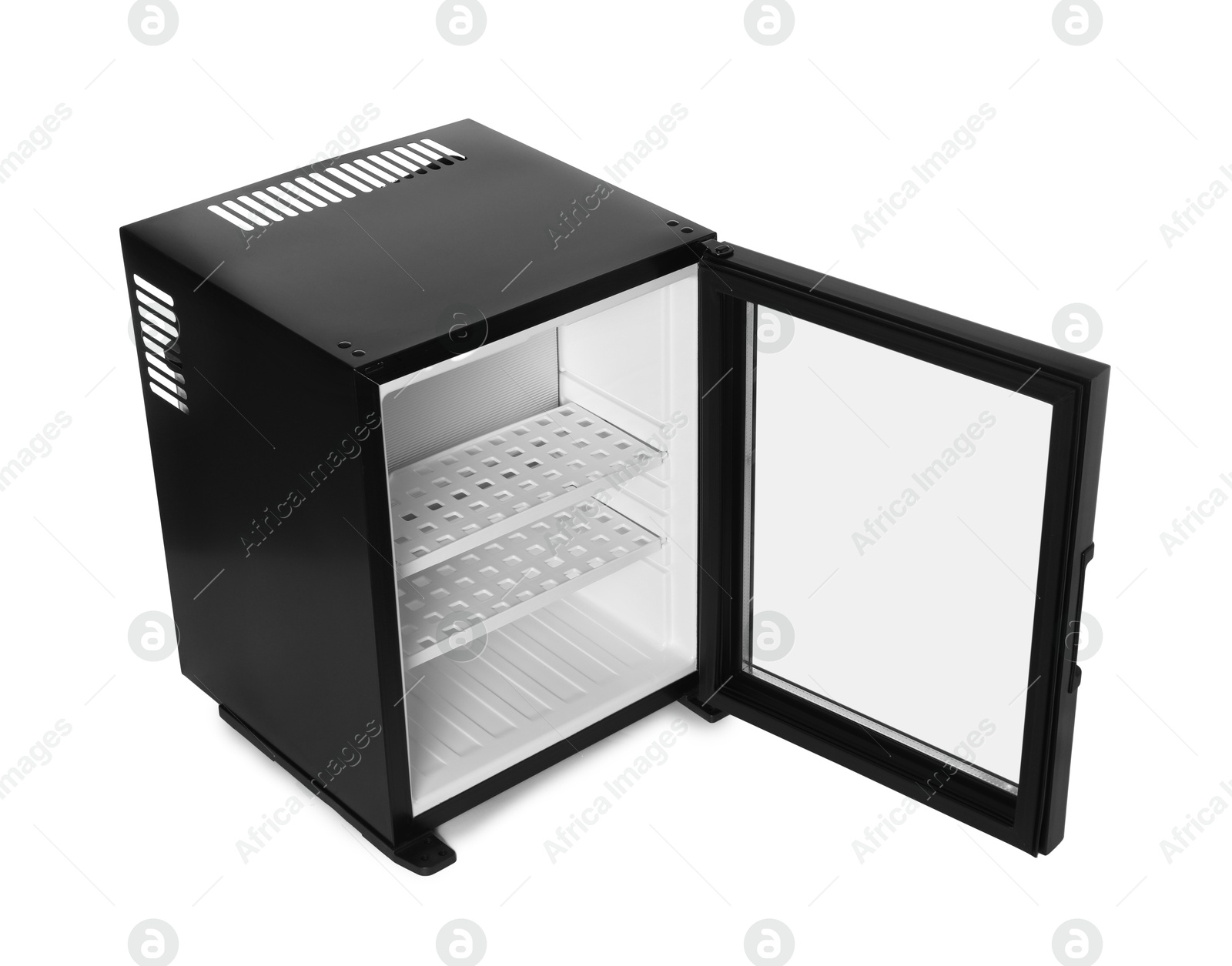 Photo of Empty modern mini refrigerator isolated on white