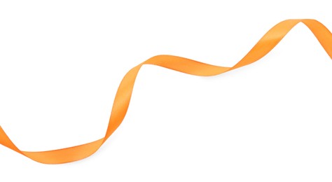 Photo of One beautiful orange ribbon isolated on white, top view