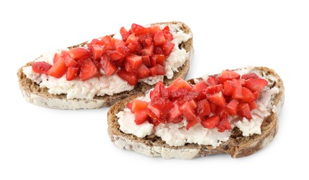 Photo of Delicious bruschettas with ricotta cheese and chopped strawberries isolated on white